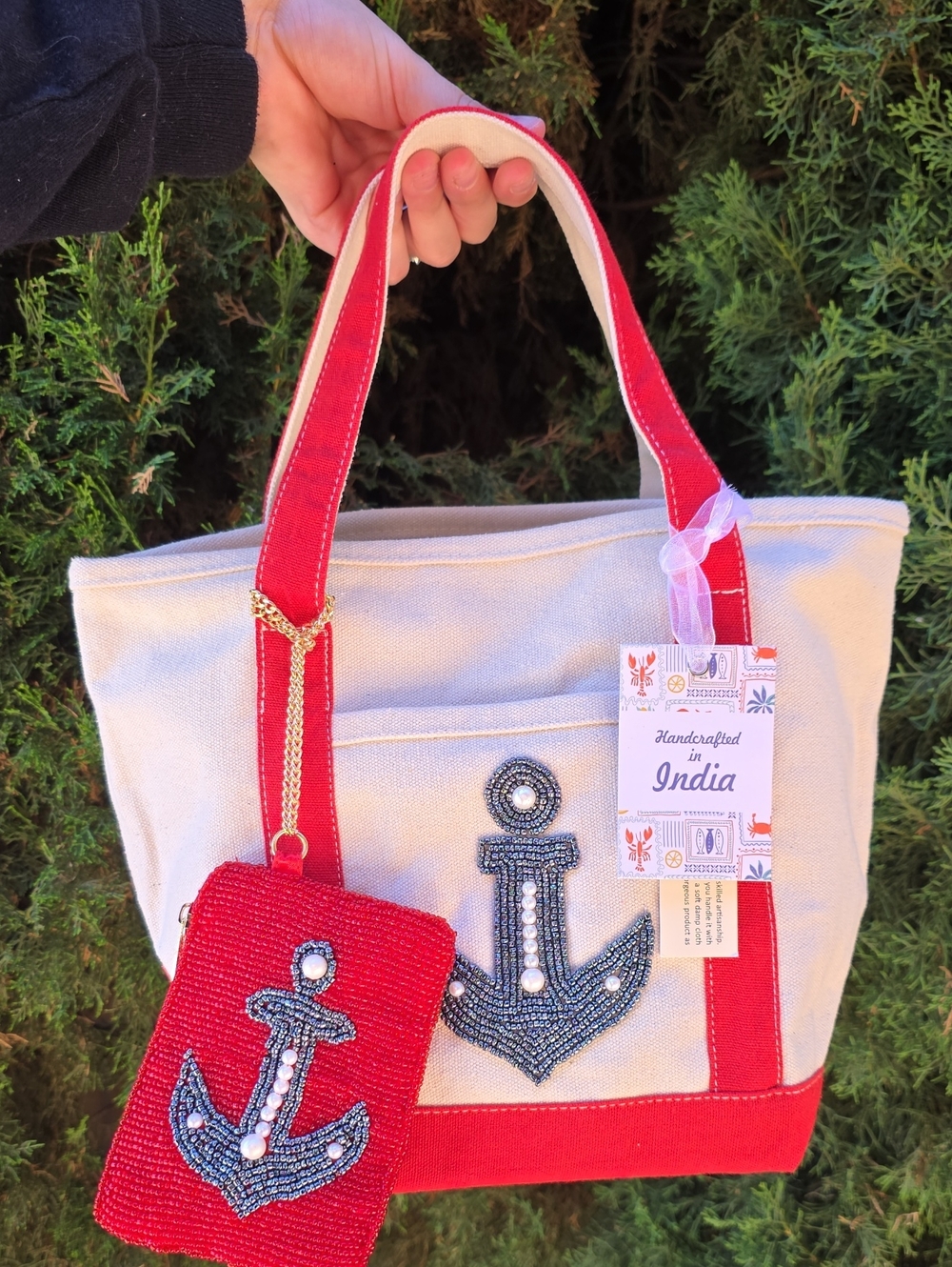 Beaded Anchor Tote Bag with Matching Red Pouch